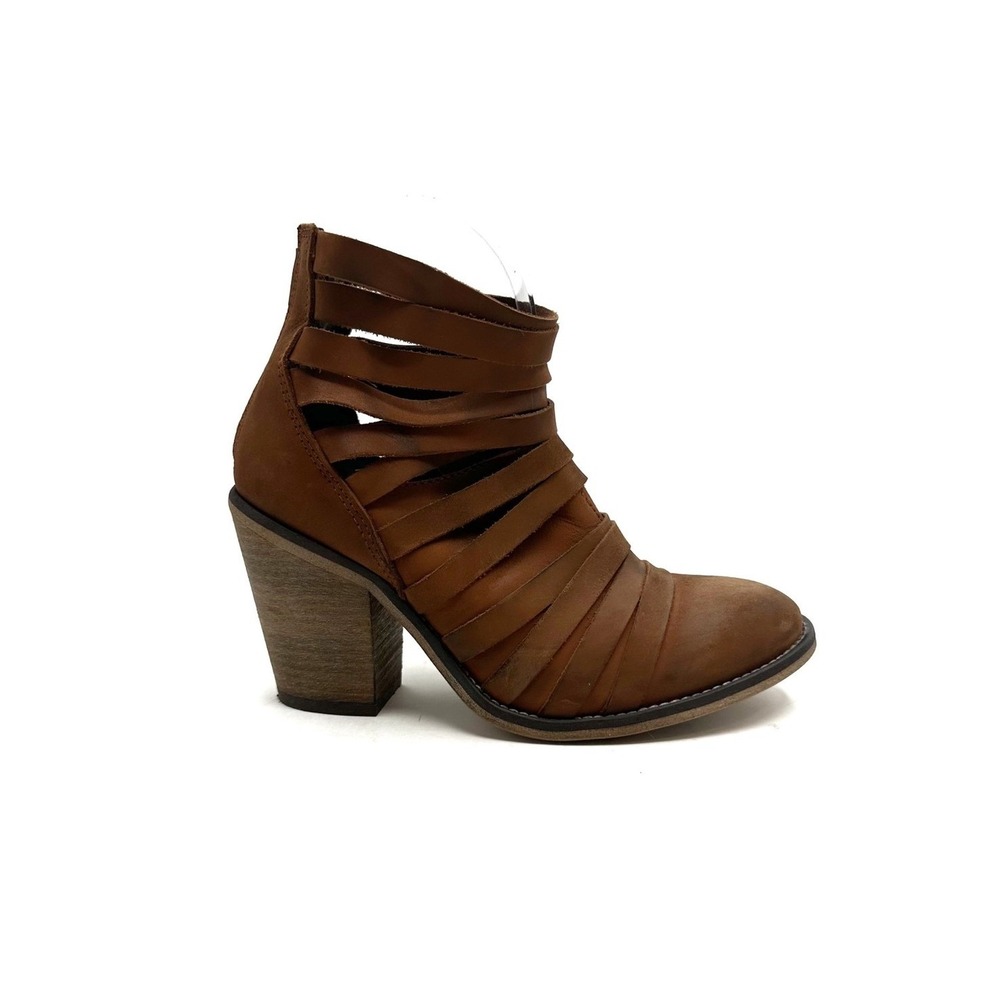 Free People‎ | Hybrid Heel Strappy Leather Ankle Boots Size 37 Tan Brown